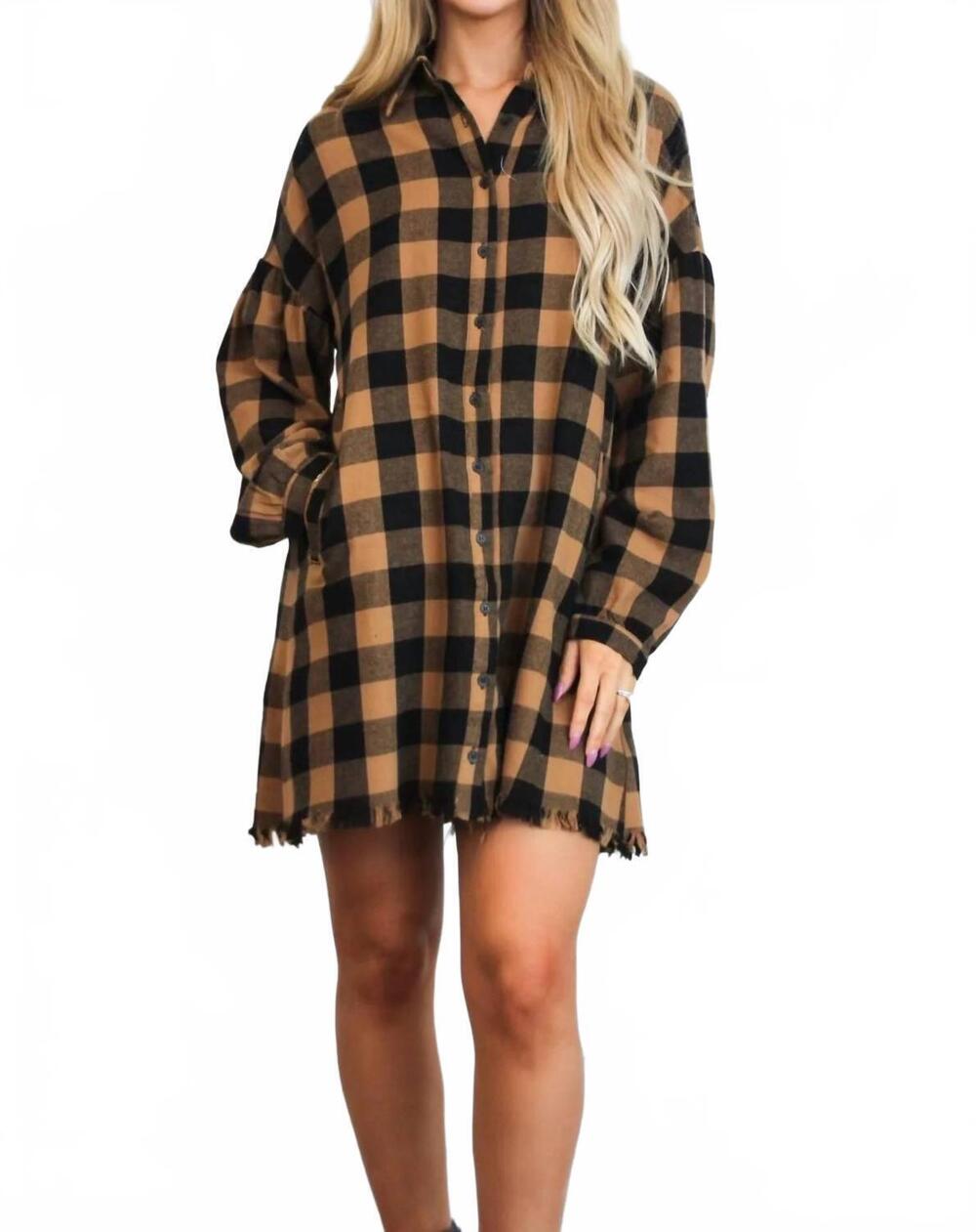 NEW RISEN pumpkin patch plaid shirt dress in camel/black